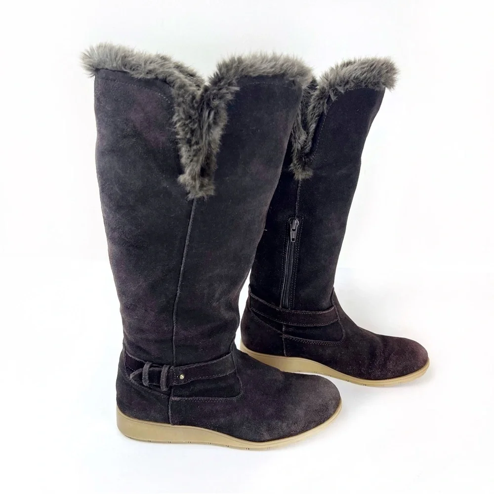 Lands End Mendota Suede Tall Boots Faux Fur 7 Leather Chocolate Brown Cabincore